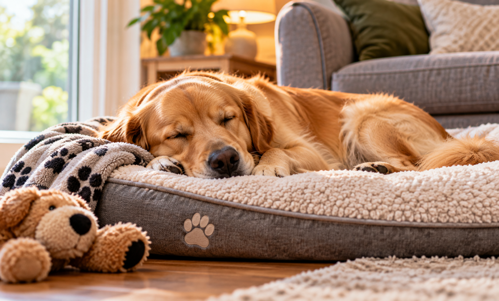 Tired dog relaxing at home after Doggy Paws daycare