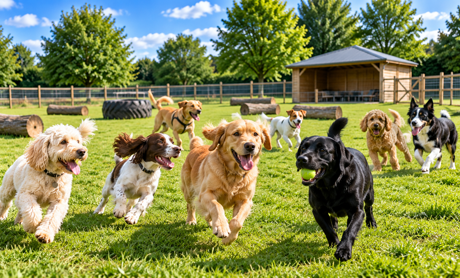 Dogs exercising and playing at Doggy Paws daycare in Peterborough