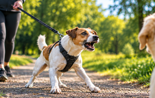 Reactive dog barking at another dog during a walk in a park