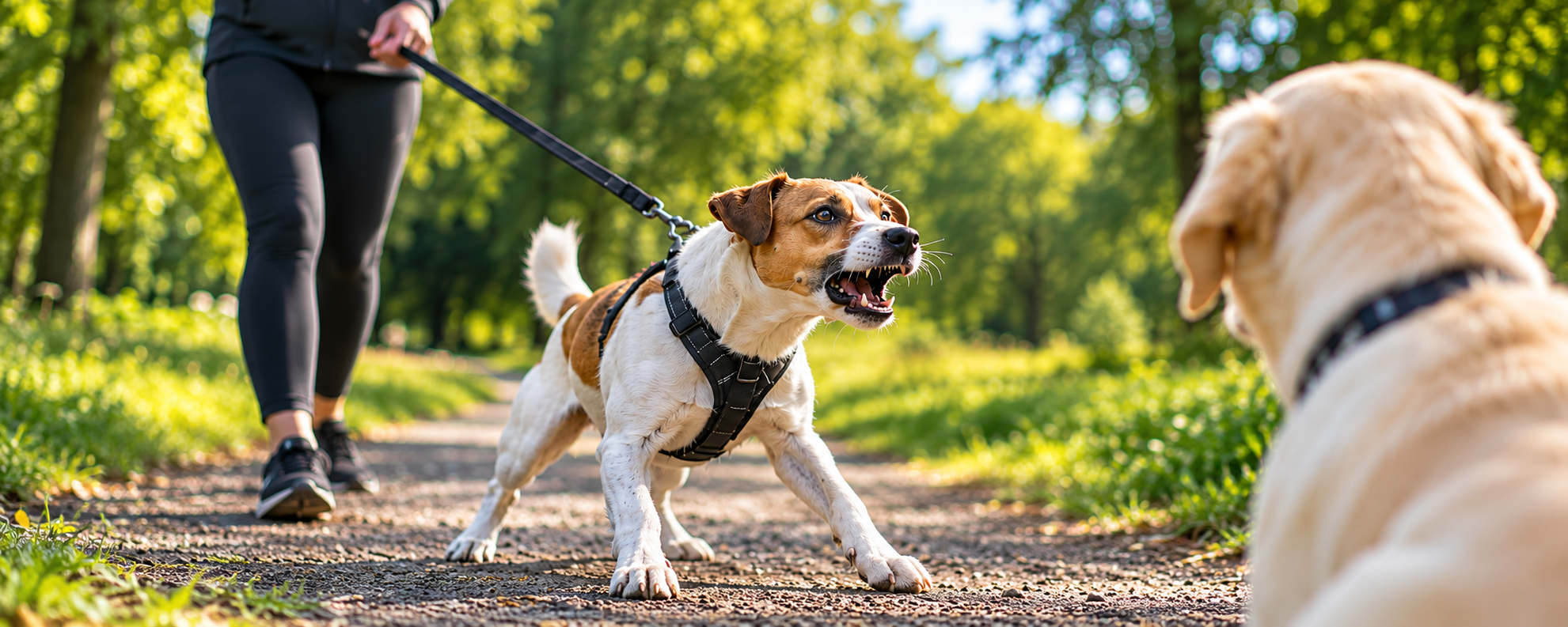 Reactive dog barking at another dog during a walk in a park