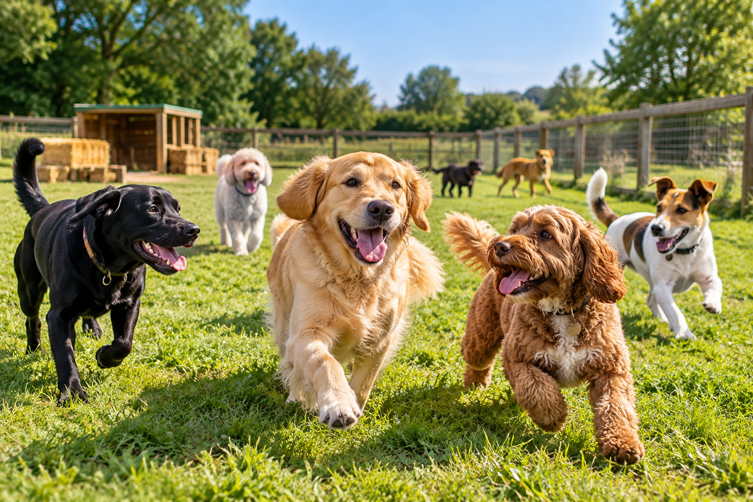 Dogs enjoying supervised socialisation in a secure grassy field in Peterborough