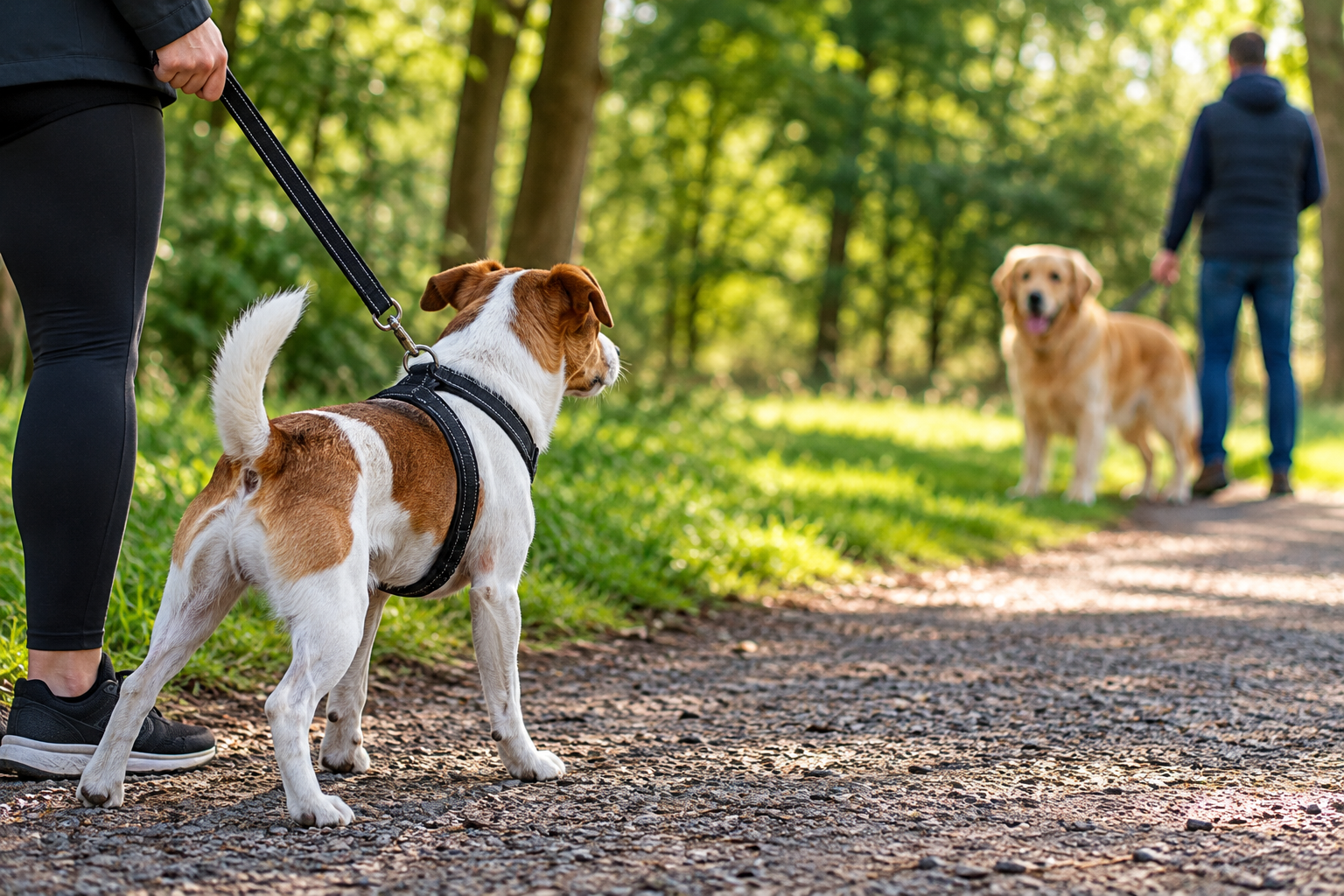 Reactive dog on a lead observing another dog from a safe distance during a park walk